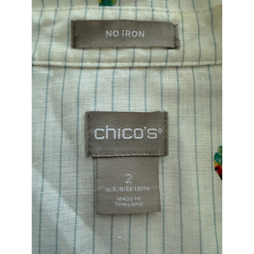Chicos No Iron Linen Shirt Womens 2 (L) White Blue Pinstripe Parrot Embroidery - Picture 13 of 14